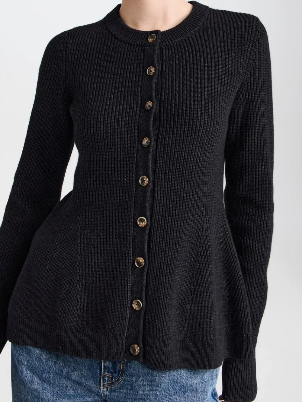 La Ligne Ribbed Flare Cardigan Sweater Peplum Navy Blue Medium - Picture 4 of 9